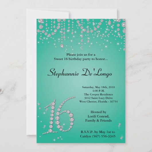 Invitation 5x7 Aqua Turquoise Diamond Sweet 16 Anniversaire I (Devant)