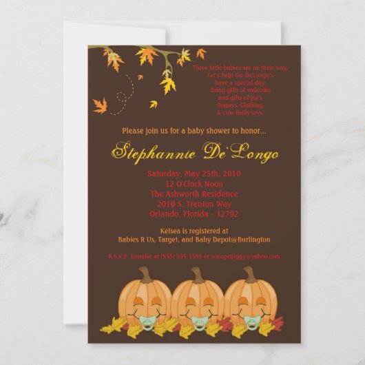 Invitation 5x7 Automne Feuilles TRIPLETS Baby shower Invitati (Devant)