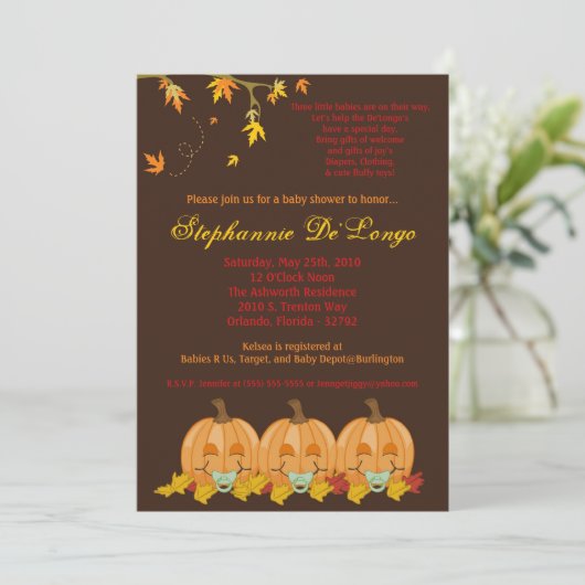 Invitation 5x7 Automne Feuilles TRIPLETS Baby shower Invitati (Debout devant)