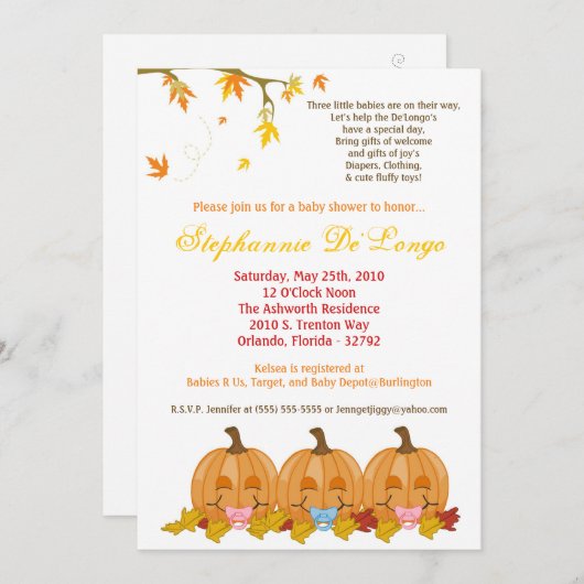 Invitation 5x7 Automne Feuilles TRIPLETS Baby shower Invitati (Devant / Derrière)