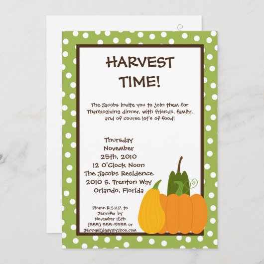 Invitation 5x7 Automne Harvest Citrouille Thanksgiving Invita (Devant / Derrière)