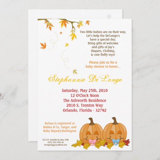 Invitation 5x7 Automne Leaves TWIN TWINS Baby shower Invitati (Devant / Derrière)