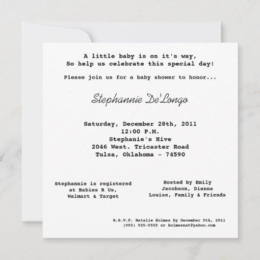 Invitation 5x7 Baby shower Buggie rose chaud (Dos)