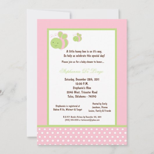 Invitation 5x7 Baby shower d'abeilles de miel rose pâle (Devant)