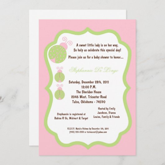 Invitation 5x7 Baby shower de bug rose pâle (Devant / Derrière)