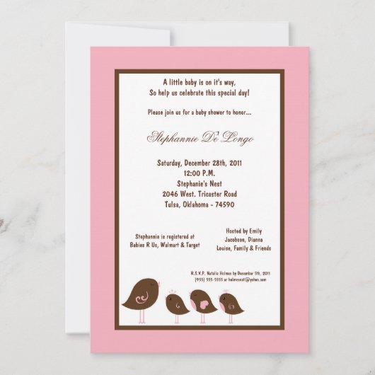 Invitation 5x7 Baby shower d'oiseaux rose clair (Devant)