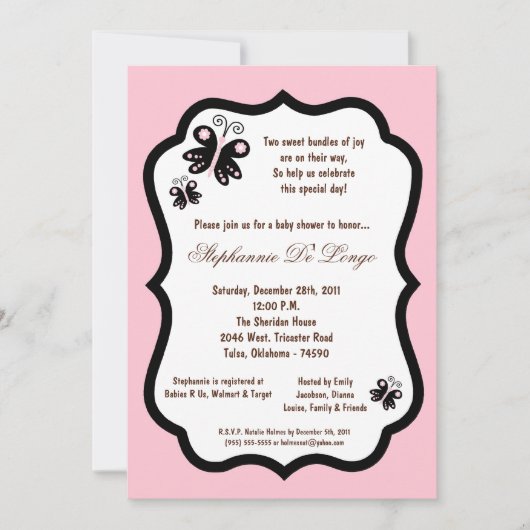 Invitation 5x7 Baby shower papillon rose pâle (Devant)