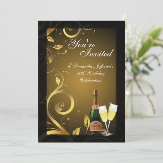 Invitation 5x7 Black and Gold Swirl, fête d'anniversaire pers (Debout devant)