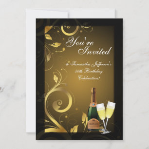 Invitation 5x7 Black and Gold Swirl, fête d'anniversaire pers