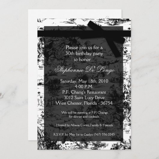 Invitation 5x7 Black Toile Fabric Anniversaire Fête Invitatio (Devant / Derrière)