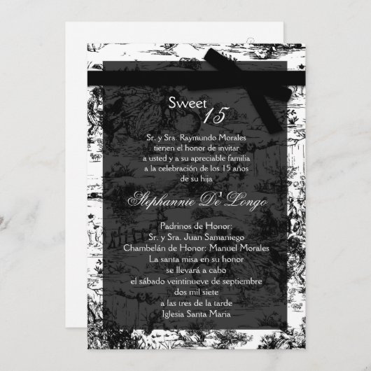Invitation 5x7 Black Toile Fabric Quinceanera Party Invitatio (Devant / Derrière)