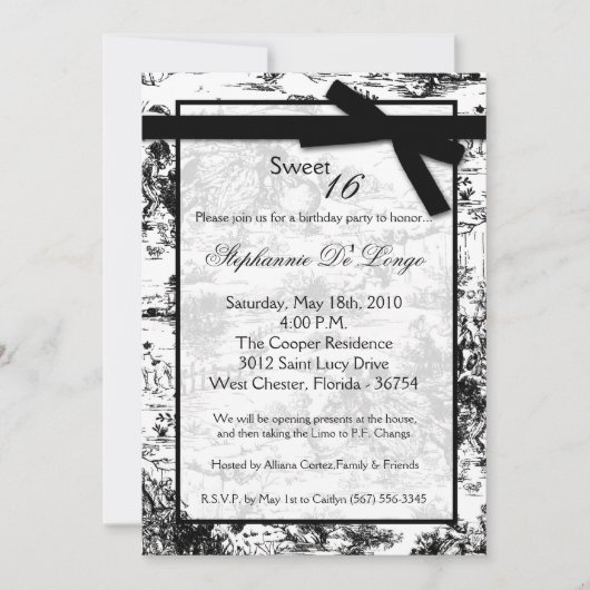Invitation 5x7 Black ToileFabric Sweet 16 Anniversaire Invita (Devant)