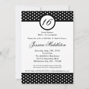 Invitation 5x7 Black White Polka Dot 16e anniversaire Invitat