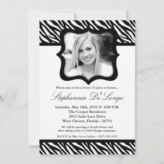 Invitation 5x7 Black Zebra PHOTO Sweet 16 Anniversaire Invita (Devant)