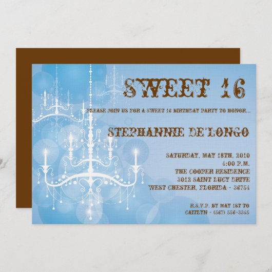 Invitation 5x7 Bleu Chandelier Sweet 16 Anniversaire Invitati (Devant / Derrière)