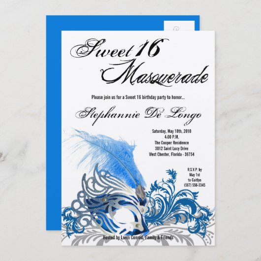 Invitation 5x7 Blue Masquerade Sweet 16 Anniversaire Invitati (Devant / Derrière)