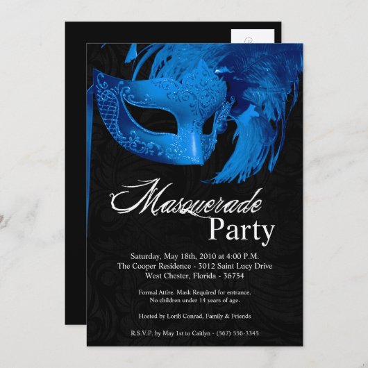 Invitation 5x7 Blue Masquerade Sweet 16 Anniversaire Invitati (Devant / Derrière)