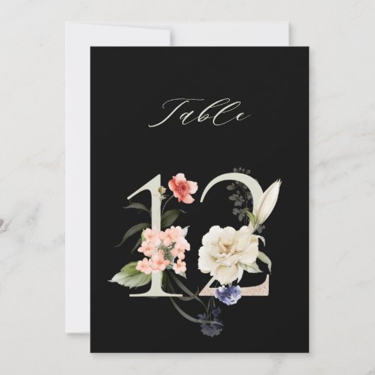 Invitation 5x7 Botanical Floral Number 12, Black Table Number (Devant)