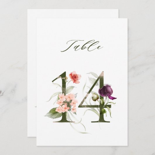 Invitation 5x7 Botanical Floral Number 14, Table Number (Devant / Derrière)