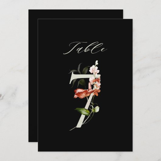 Invitation 5x7 Botanical Floral Number 7, Black Table Number (Devant / Derrière)