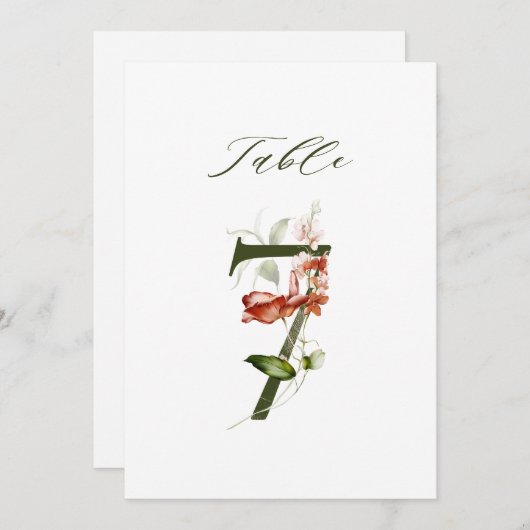 Invitation 5x7 Botanical Floral Number 7, Table Number (Devant / Derrière)