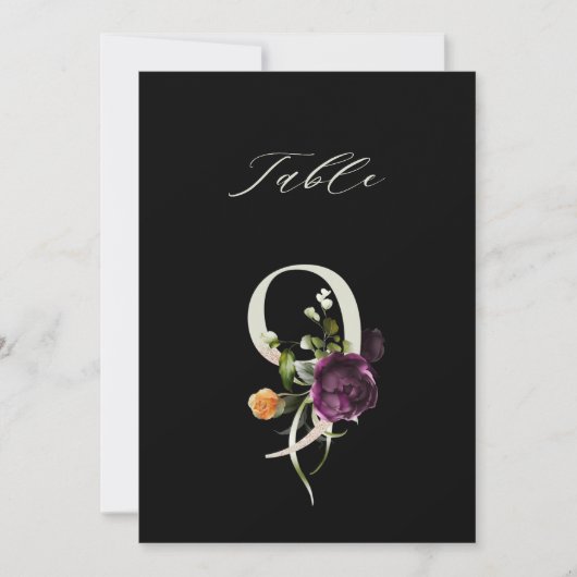 Invitation 5x7 Botanical Floral Number 9, Black Table Number (Devant)