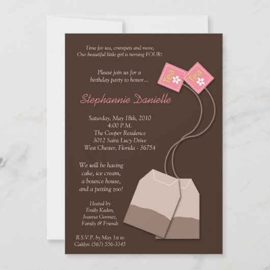 Invitation 5x7 Brown Thé-Bag Tea Party Anniversaire Invitatio (Devant)