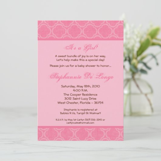 Invitation 5x7 Bubblegum Damask Imprimer Baby shower Invitati (Debout devant)