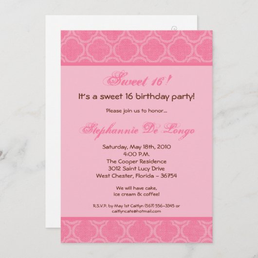 Invitation 5x7 Bubblegum Damask Sweet 16 Anniversaire Invitat (Devant / Derrière)
