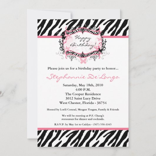 Invitation 5x7 Butterfly Zebra Imprimer Anniversaire Pièce In (Devant)