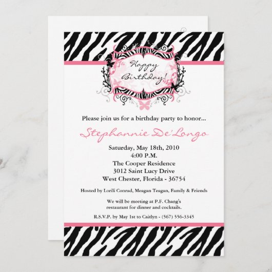 Invitation 5x7 Butterfly Zebra Imprimer Anniversaire Pièce In (Devant / Derrière)