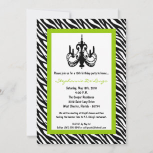 Invitation 5x7 Chandelier Lime Zebra 16e anniversaire Invitat