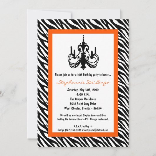 Invitation 5x7 Chandelier Oran Zebra 16e anniversaire Invitat (Devant)