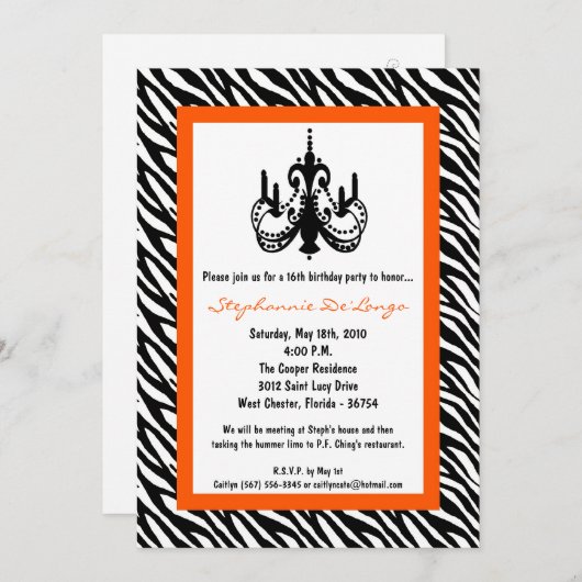 Invitation 5x7 Chandelier Oran Zebra 16e anniversaire Invitat (Devant / Derrière)