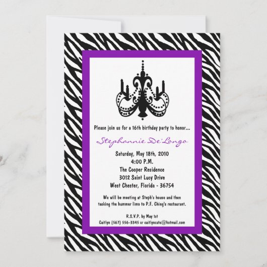 Invitation 5x7 Chandelier Purp Zebra 16e anniversaire Invitat (Devant)