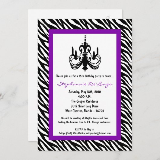 Invitation 5x7 Chandelier Purp Zebra 16e anniversaire Invitat (Devant / Derrière)