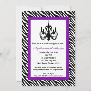 Invitation 5x7 Chandelier Purp Zebra 16e anniversaire Invitat