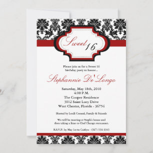 Invitation 5x7 CrimsonRed Damask Sweet 16 Anniversaire Invita