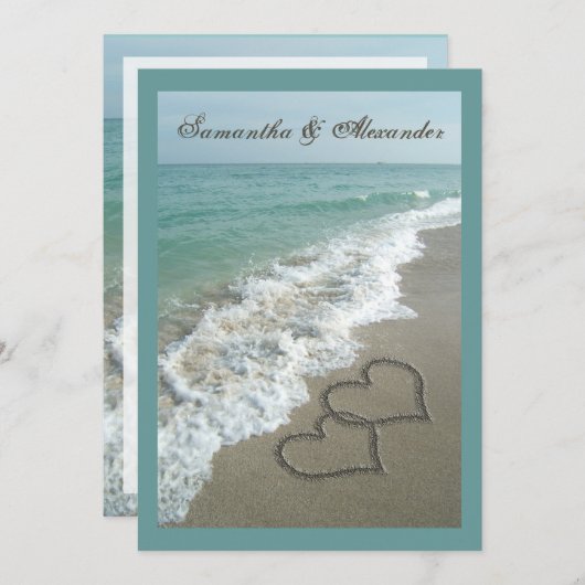 Invitation 5x7 Custom Sand Hearts Beach Destination Mariage (Devant / Derrière)