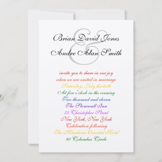 Invitation 5x7 Gay Mariage Rainbow Pride Metallic Pride (Devant)