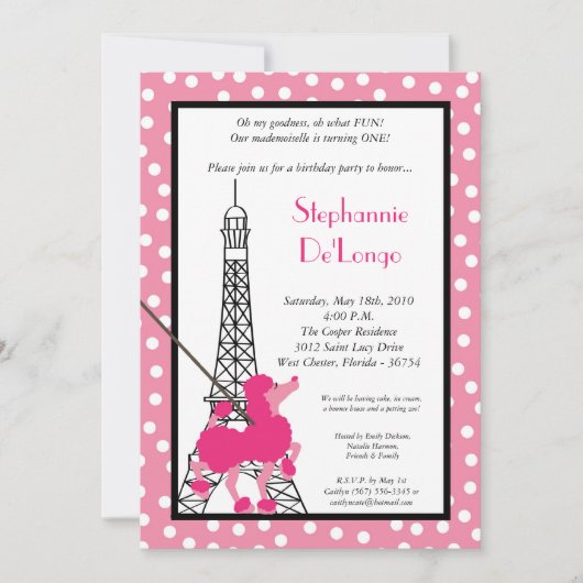 Invitation 5x7 Girl Pink Poodle Paris Anniversaire Par Invita (Devant)