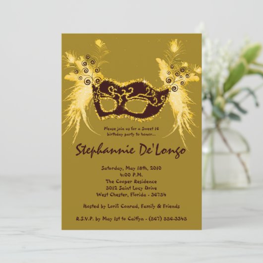 Invitation 5x7 Gold Masquerade Sweet 16 Anniversaire Invitati (Debout devant)