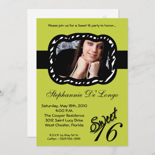 Invitation 5x7 Green Band PHOTO Sweet 16 Anniversaire Invitat (Devant / Derrière)