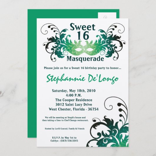 Invitation 5x7 Green Masquerade Sweet 16 Anniversaire Invitat (Devant / Derrière)
