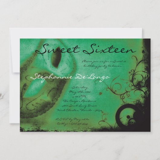 Invitation 5x7 Green Masquerade Sweet 16 Anniversaire Invitat (Devant)