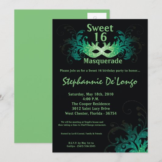 Invitation 5x7 Green Masquerade Sweet 16 Anniversaire Invitat (Devant / Derrière)
