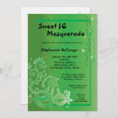 Invitation 5x7 Green Masquerade Sweet 16 Anniversaire Invitat (Devant / Derrière)