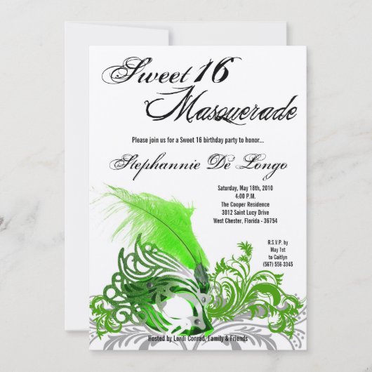 Invitation 5x7 Green Masquerade Sweet 16 Anniversaire Invitat (Devant)