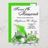 Invitation 5x7 Green Masquerade Sweet 16 Anniversaire Invitat (Devant / Derrière)