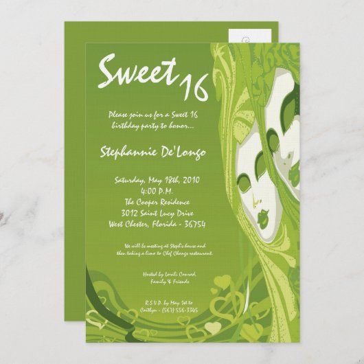 Invitation 5x7 Green Masquerade Sweet 16 Anniversaire Invitat (Devant / Derrière)